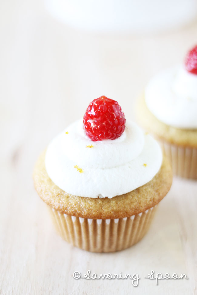 Vegan raspberry cupcake with surprise jelly filling | www.savoringspoon.com
